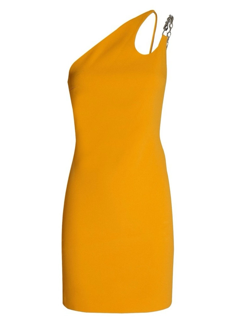 DAVID KOMA • Circle Cutout Chain Detail Mini Dress one shoulder orange cady